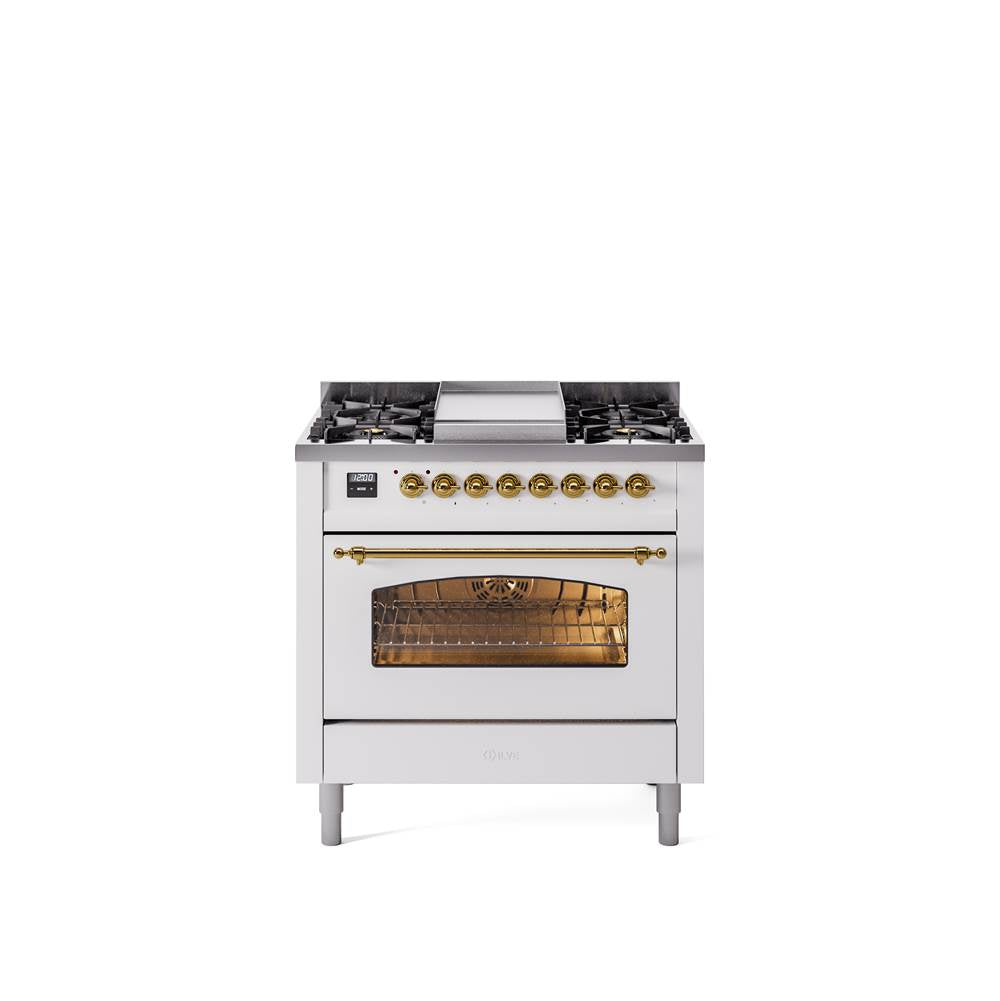 36'' Nostalgie II Series Freestanding Dual Fuel Range - White - Bronze trim - Griddle - Natural Gas