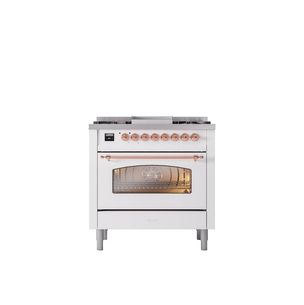 ILVE - 36'' Nostalgie II Series Freestanding Dual Fuel Range - White - Copper trim - Griddle - Natural Gas - Copper