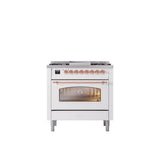 ILVE - 36'' Nostalgie II Series Freestanding Dual Fuel Range - White - Copper trim - Griddle - Natural Gas - Copper