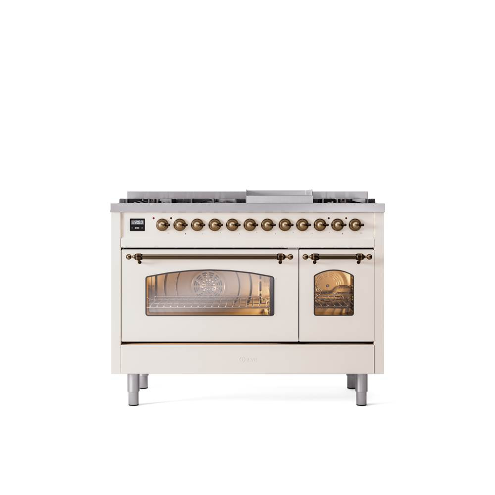ILVE - 48'' Nostalgie II Series Freestanding Dual Fuel Range - Double Oven - Antique White - Bronze trim - Griddle - Natural Gas - Bronze