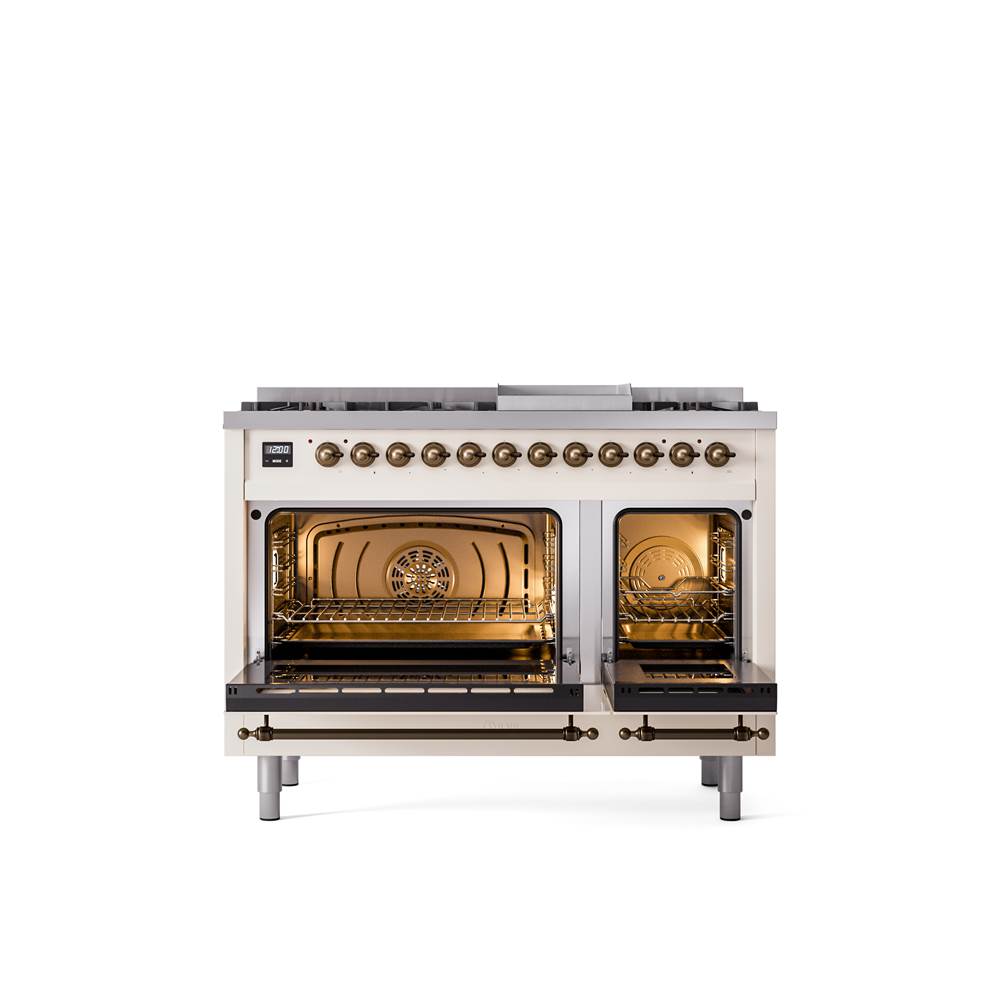 48'' Nostalgie II Series Freestanding Dual Fuel Range - Double Oven - Antique White - Bronze trim - Griddle - Natural Gas