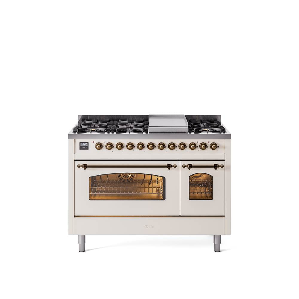 48'' Nostalgie II Series Freestanding Dual Fuel Range - Double Oven - Antique White - Bronze trim - Griddle - Natural Gas
