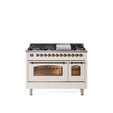 48'' Nostalgie II Series Freestanding Dual Fuel Range - Double Oven - Antique White - Bronze trim - Griddle - Natural Gas