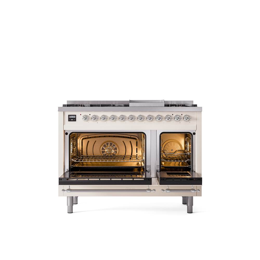 48'' Nostalgie II Series Freestanding Dual Fuel Range - Double Oven - Antique White - Bronze trim - Griddle - Natural Gas