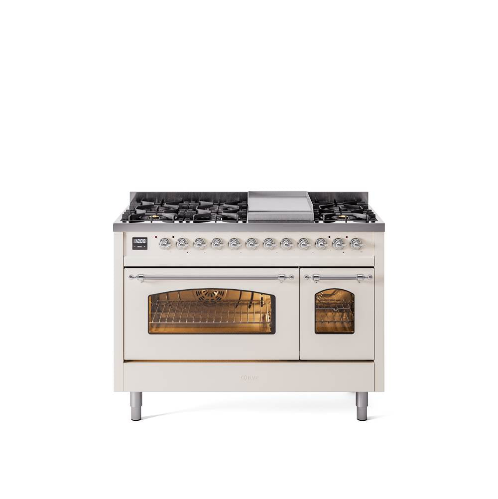 48'' Nostalgie II Series Freestanding Dual Fuel Range - Double Oven - Antique White - Bronze trim - Griddle - Natural Gas