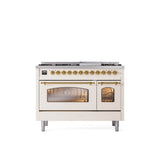 ILVE - 48'' Nostalgie II Series Freestanding Dual Fuel Range - Double Oven - Antique White - Brass trim - Griddle - Natural Gas - Brass