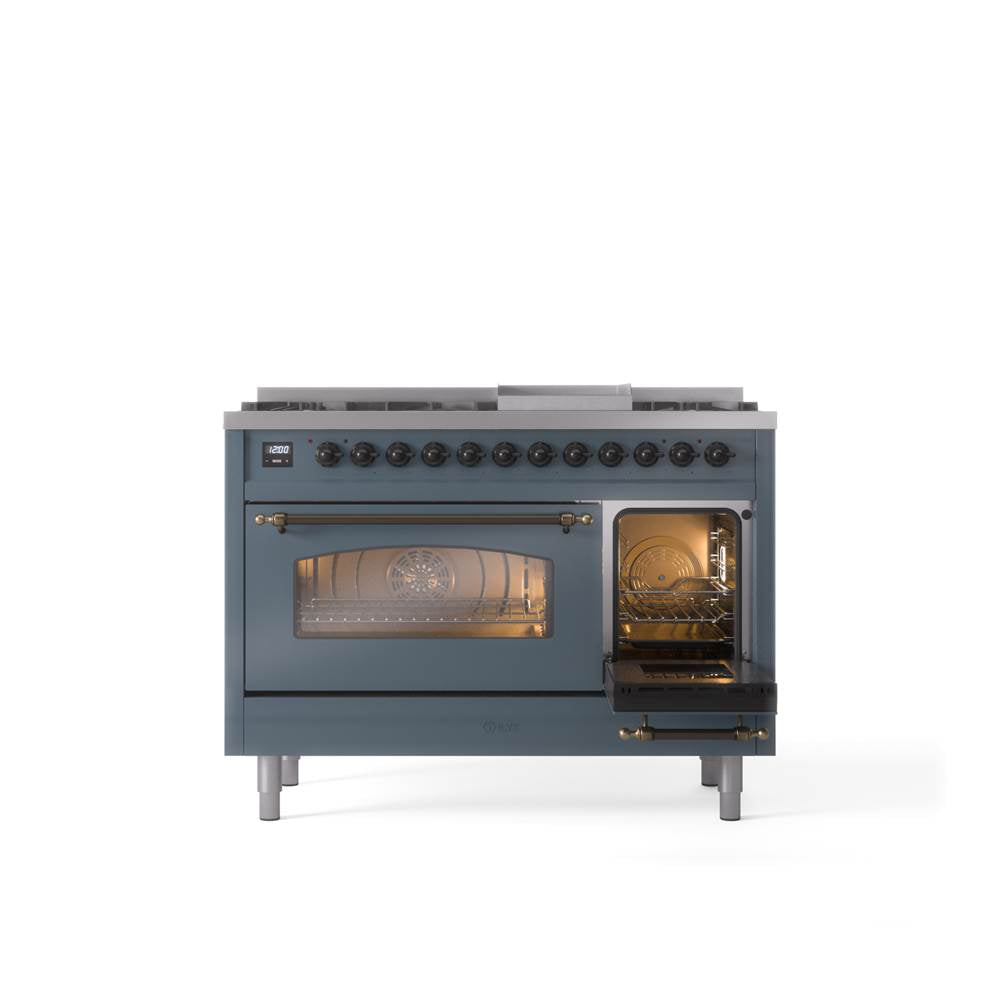 48'' Nostalgie II Series Freestanding Dual Fuel Range - Double Oven - Blue Grey - Bronze trim - Griddle - Natural Gas