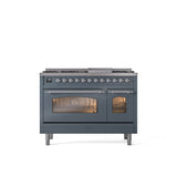 ILVE - 48'' Nostalgie II Series Freestanding Dual Fuel Range - Double Oven - Blue Grey - Chrome trim - Griddle - Natural Gas - Chrome