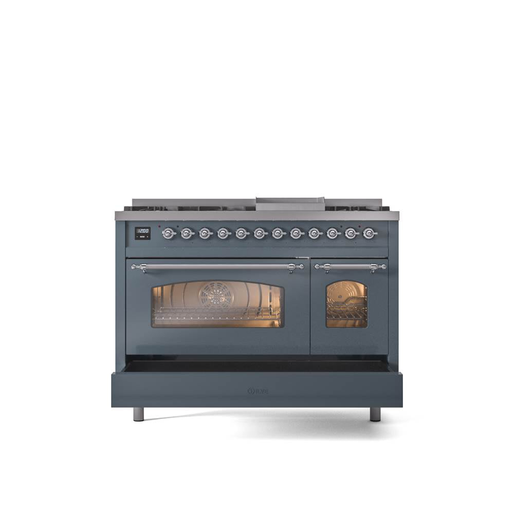 48'' Nostalgie II Series Freestanding Dual Fuel Range - Double Oven - Blue Grey - Bronze trim - Griddle - Natural Gas