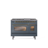 ILVE - 48'' Nostalgie II Series Freestanding Dual Fuel Range - Double Oven - Blue Grey - Brass trim - Griddle - Natural Gas - Brass