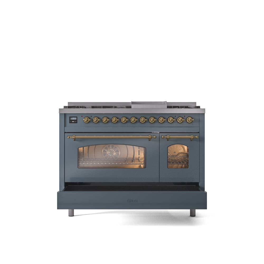 48'' Nostalgie II Series Freestanding Dual Fuel Range - Double Oven - Blue Grey - Bronze trim - Griddle - Natural Gas