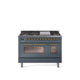 48'' Nostalgie II Series Freestanding Dual Fuel Range - Double Oven - Blue Grey - Bronze trim - Griddle - Natural Gas