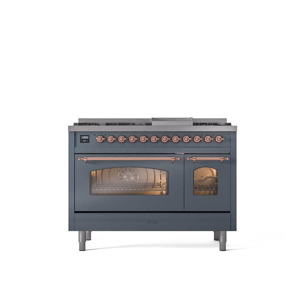 ILVE - 48'' Nostalgie II Series Freestanding Dual Fuel Range - Double Oven - Blue Grey - Copper trim - Griddle - Natural Gas - Copper