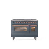 ILVE - 48'' Nostalgie II Series Freestanding Dual Fuel Range - Double Oven - Blue Grey - Copper trim - Griddle - Natural Gas - Copper