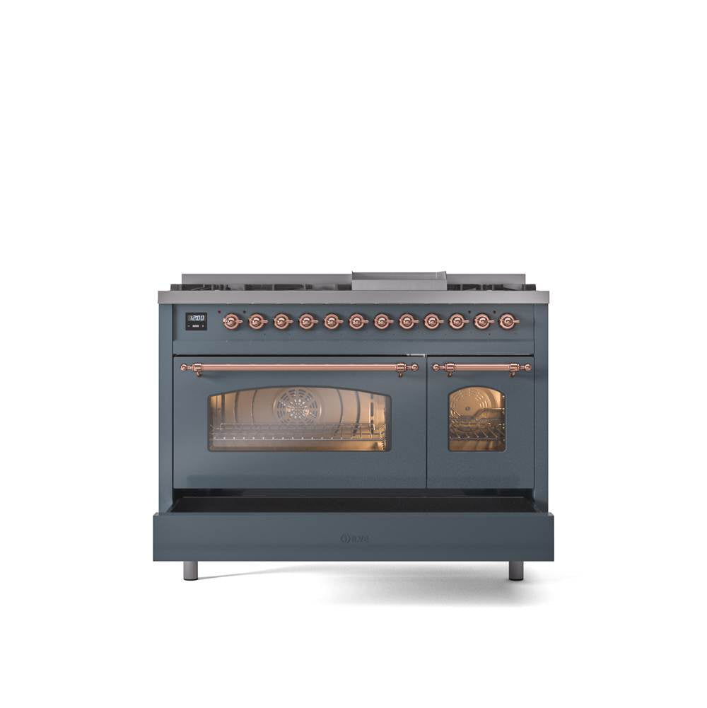48'' Nostalgie II Series Freestanding Dual Fuel Range - Double Oven - Blue Grey - Bronze trim - Griddle - Natural Gas