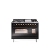 48'' Nostalgie II Series Freestanding Dual Fuel Range - Double Oven - Glossy Black - Bronze trim - Griddle - Natural Gas