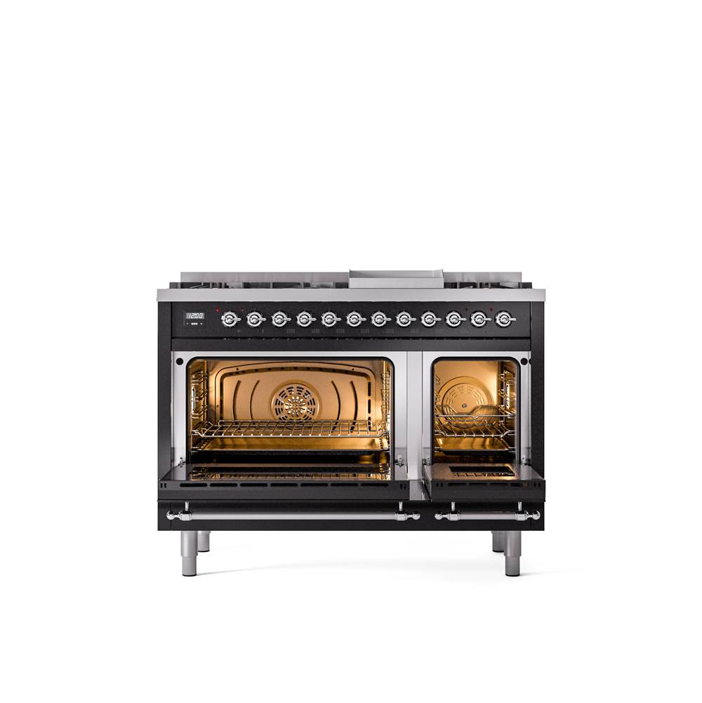 48'' Nostalgie II Series Freestanding Dual Fuel Range - Double Oven - Glossy Black - Bronze trim - Griddle - Natural Gas