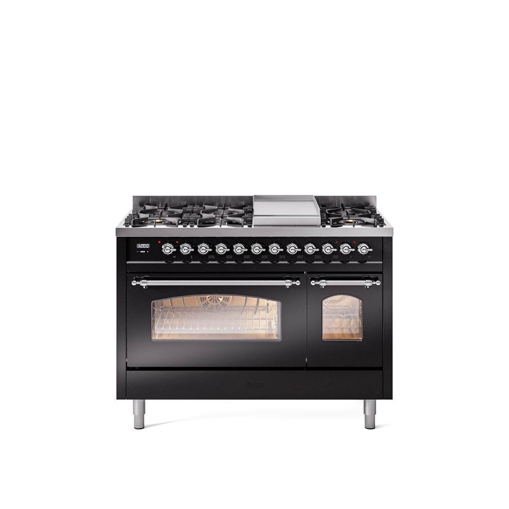 48'' Nostalgie II Series Freestanding Dual Fuel Range - Double Oven - Glossy Black - Bronze trim - Griddle - Natural Gas