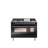 48'' Nostalgie II Series Freestanding Dual Fuel Range - Double Oven - Glossy Black - Bronze trim - Griddle - Natural Gas