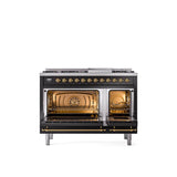 48'' Nostalgie II Series Freestanding Dual Fuel Range - Double Oven - Glossy Black - Bronze trim - Griddle - Natural Gas