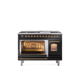 48'' Nostalgie II Series Freestanding Dual Fuel Range - Double Oven - Glossy Black - Bronze trim - Griddle - Natural Gas