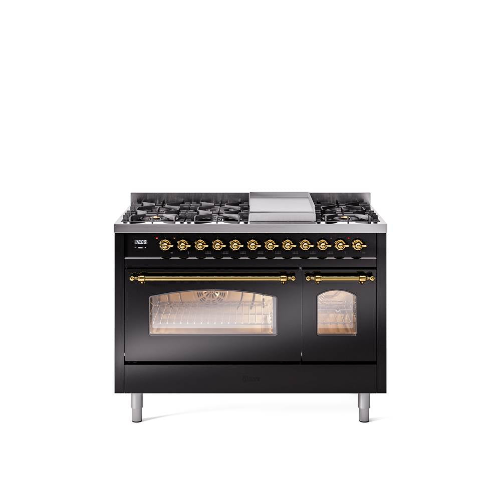 48'' Nostalgie II Series Freestanding Dual Fuel Range - Double Oven - Glossy Black - Bronze trim - Griddle - Natural Gas