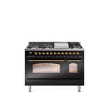 48'' Nostalgie II Series Freestanding Dual Fuel Range - Double Oven - Glossy Black - Bronze trim - Griddle - Natural Gas