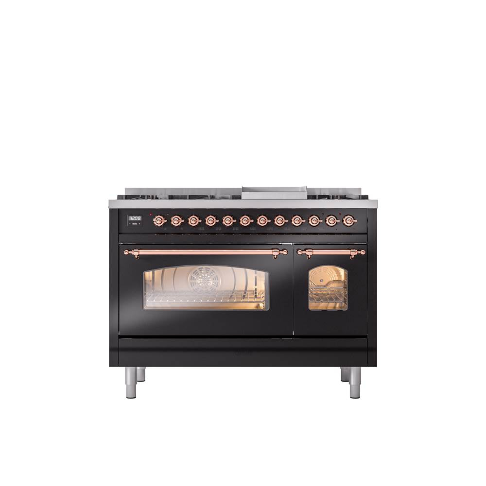 ILVE - 48'' Nostalgie II Series Freestanding Dual Fuel Range - Double Oven - Glossy Black - Copper trim - Griddle - Natural Gas - Copper