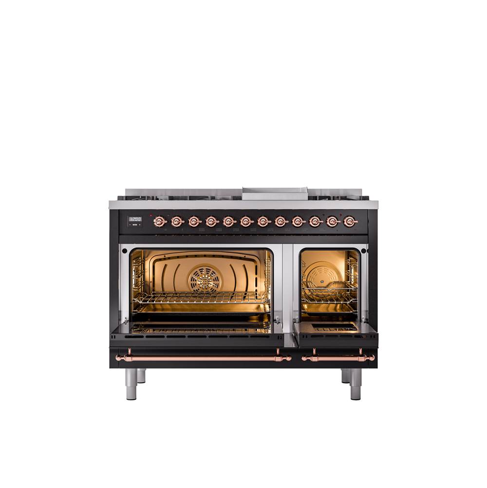48'' Nostalgie II Series Freestanding Dual Fuel Range - Double Oven - Glossy Black - Bronze trim - Griddle - Natural Gas