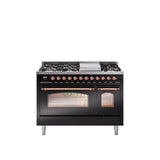 48'' Nostalgie II Series Freestanding Dual Fuel Range - Double Oven - Glossy Black - Bronze trim - Griddle - Natural Gas