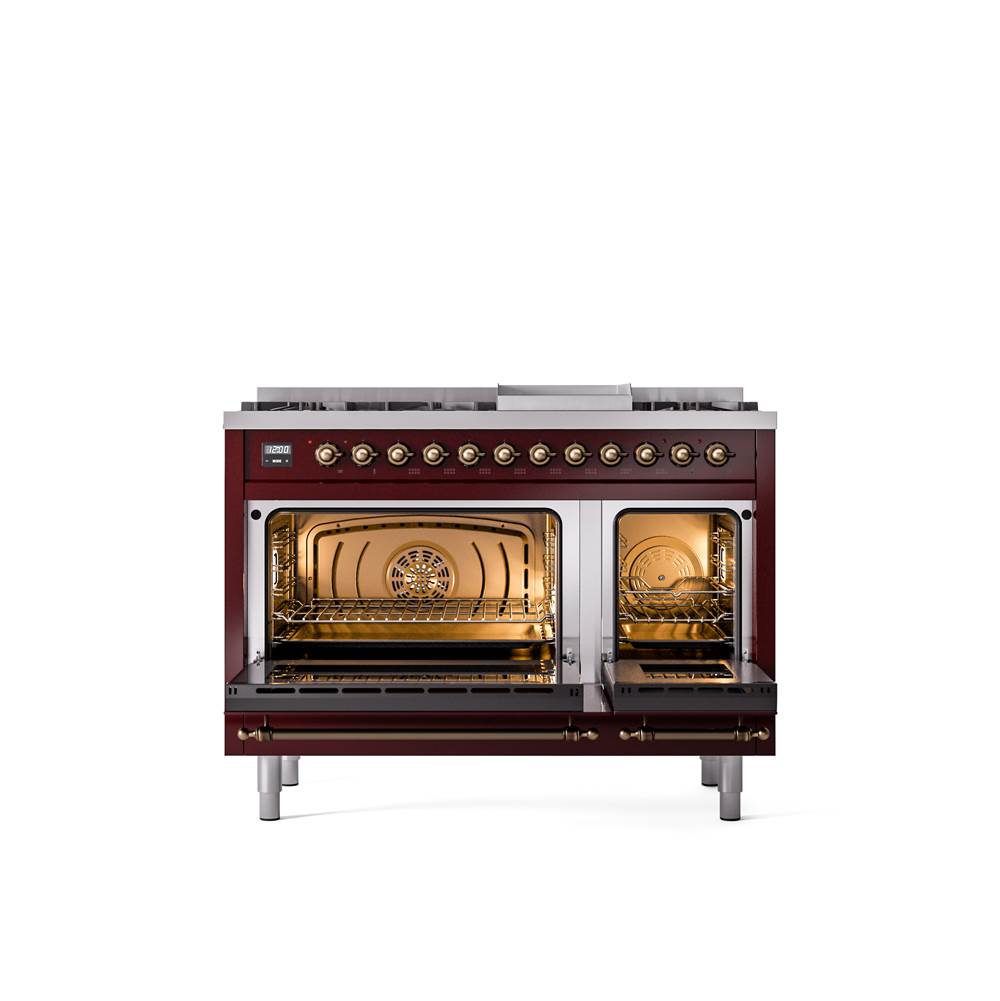 48'' Nostalgie II Series Freestanding Dual Fuel Range - Double Oven - Burgundy - Bronze trim - Griddle - Natural Gas