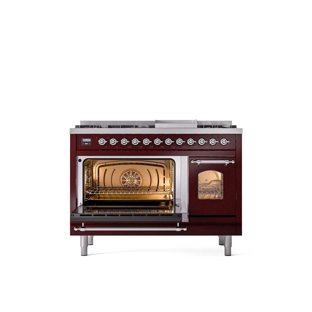48'' Nostalgie II Series Freestanding Dual Fuel Range - Double Oven - Burgundy - Bronze trim - Griddle - Natural Gas