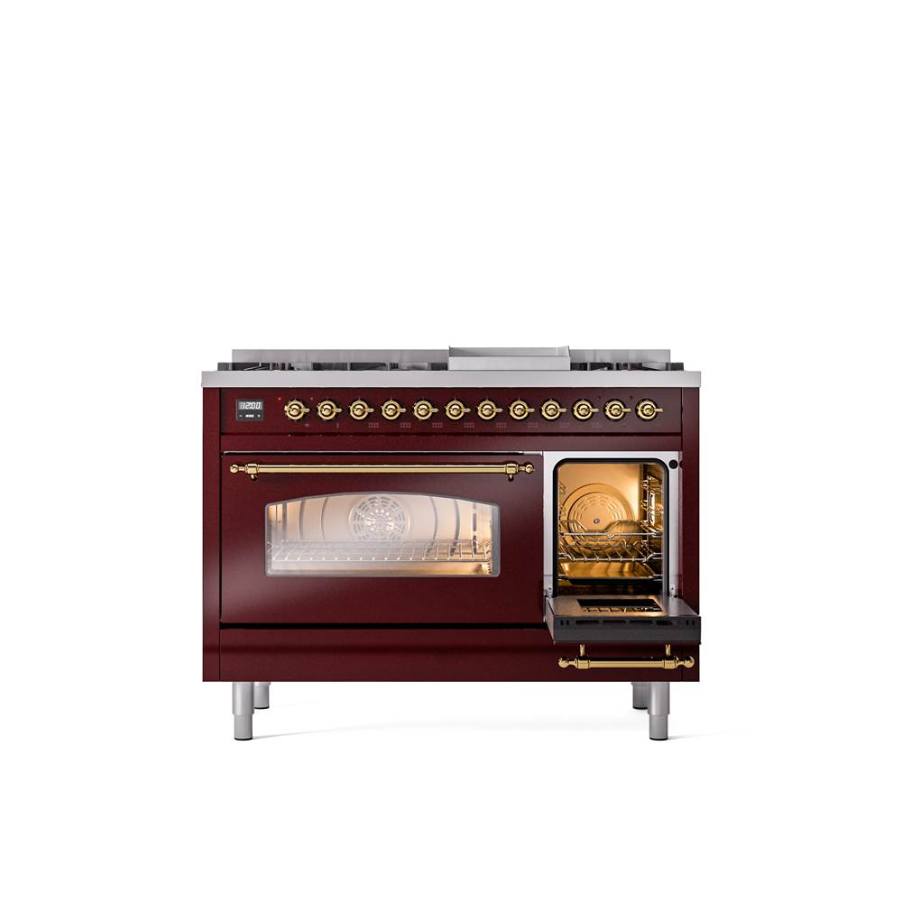 48'' Nostalgie II Series Freestanding Dual Fuel Range - Double Oven - Burgundy - Bronze trim - Griddle - Natural Gas