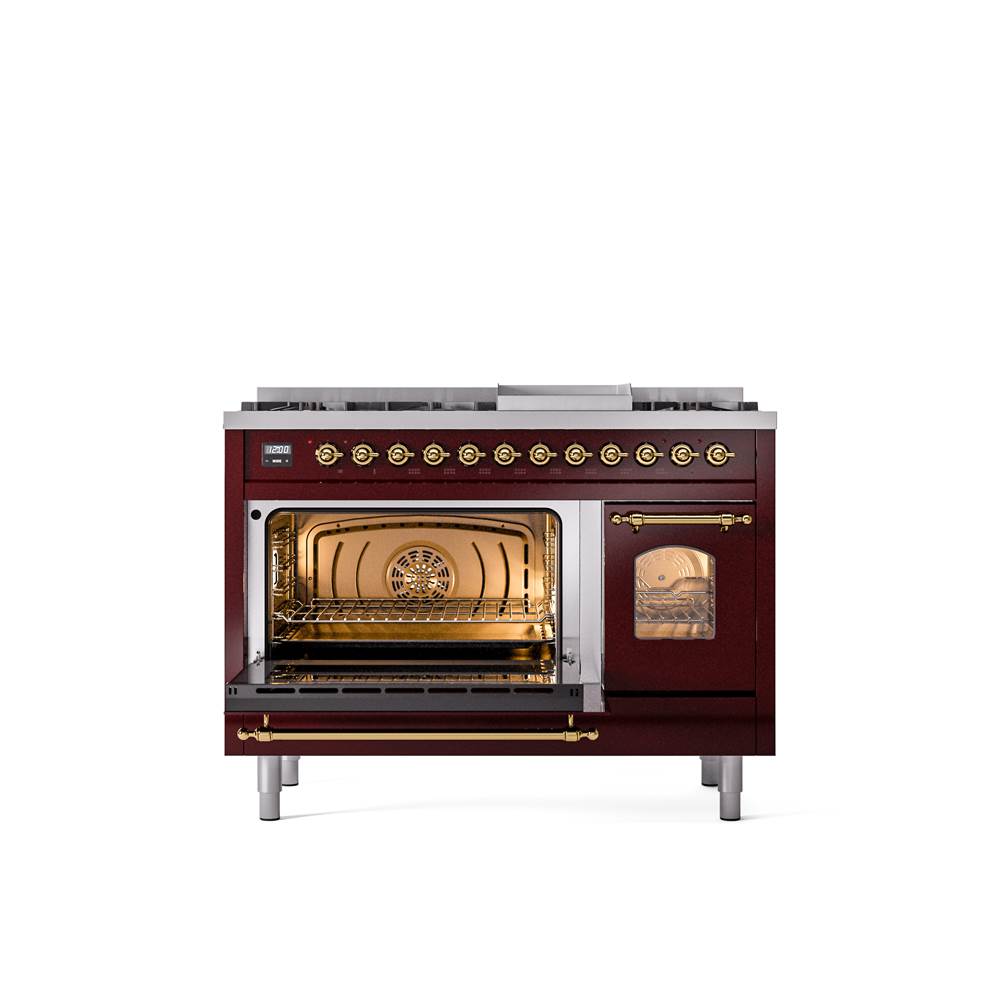 48'' Nostalgie II Series Freestanding Dual Fuel Range - Double Oven - Burgundy - Bronze trim - Griddle - Natural Gas