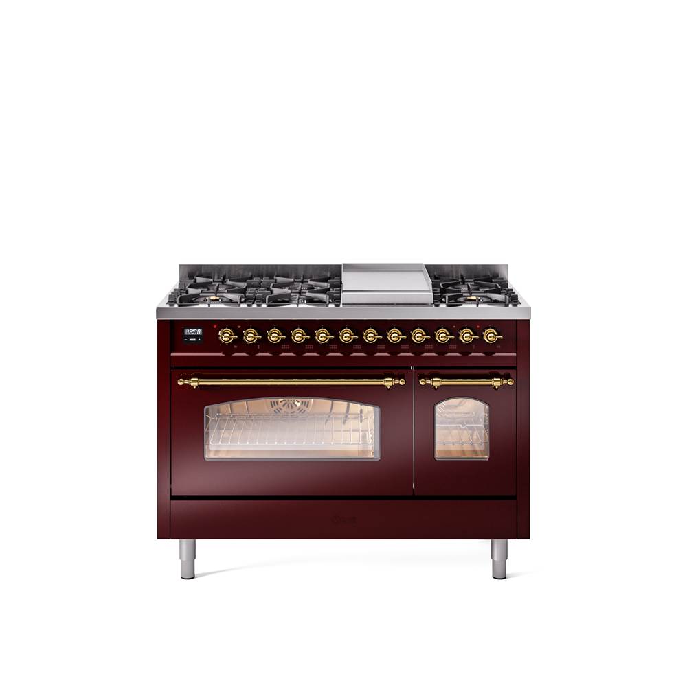 48'' Nostalgie II Series Freestanding Dual Fuel Range - Double Oven - Burgundy - Bronze trim - Griddle - Natural Gas
