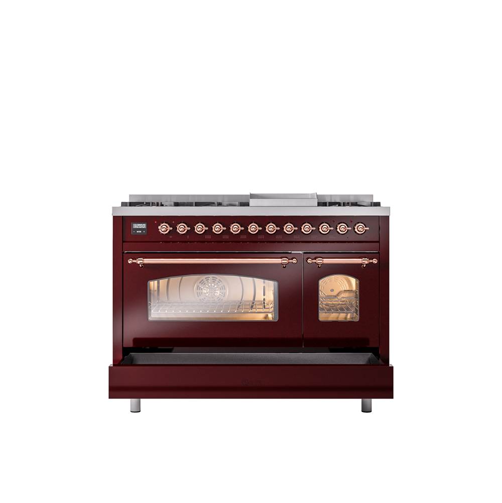 48'' Nostalgie II Series Freestanding Dual Fuel Range - Double Oven - Burgundy - Copper trim - Griddle - Natural Gas