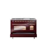 48'' Nostalgie II Series Freestanding Dual Fuel Range - Double Oven - Burgundy - Copper trim - Griddle - Natural Gas