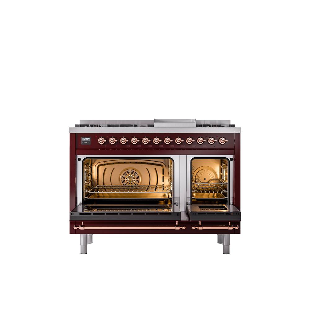 48'' Nostalgie II Series Freestanding Dual Fuel Range - Double Oven - Burgundy - Copper trim - Griddle - Natural Gas