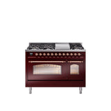 48'' Nostalgie II Series Freestanding Dual Fuel Range - Double Oven - Burgundy - Copper trim - Griddle - Natural Gas