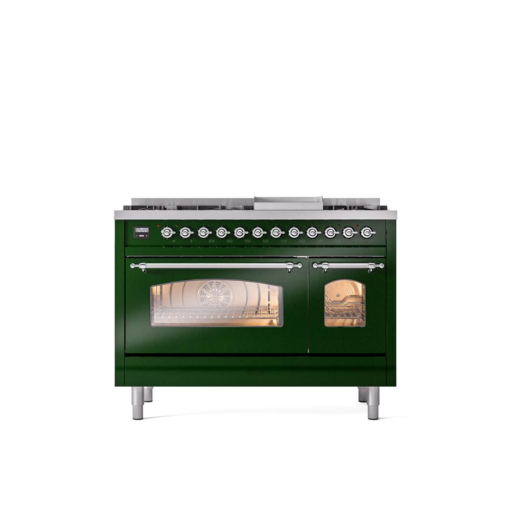ILVE - 48'' Nostalgie II Series Freestanding Dual Fuel Range - Double Oven - Emerald Green - Chrome trim - Griddle - Natural Gas - Chrome
