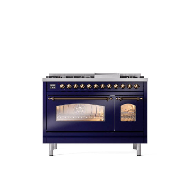 ILVE - 48'' Nostalgie II Series Freestanding Dual Fuel Range - Double Oven - Midnight Blue - Bronze trim - Griddle - Natural Gas - Bronze