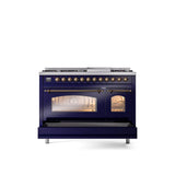 48'' Nostalgie II Series Freestanding Dual Fuel Range - Double Oven - Midnight Blue - Bronze trim - Griddle - Natural Gas