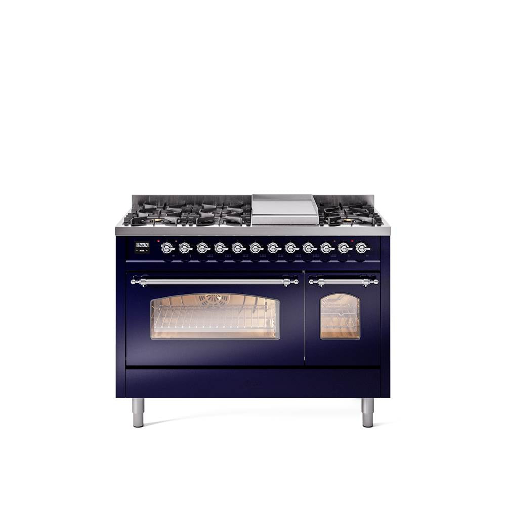 48'' Nostalgie II Series Freestanding Dual Fuel Range - Double Oven - Midnight Blue - Bronze trim - Griddle - Natural Gas