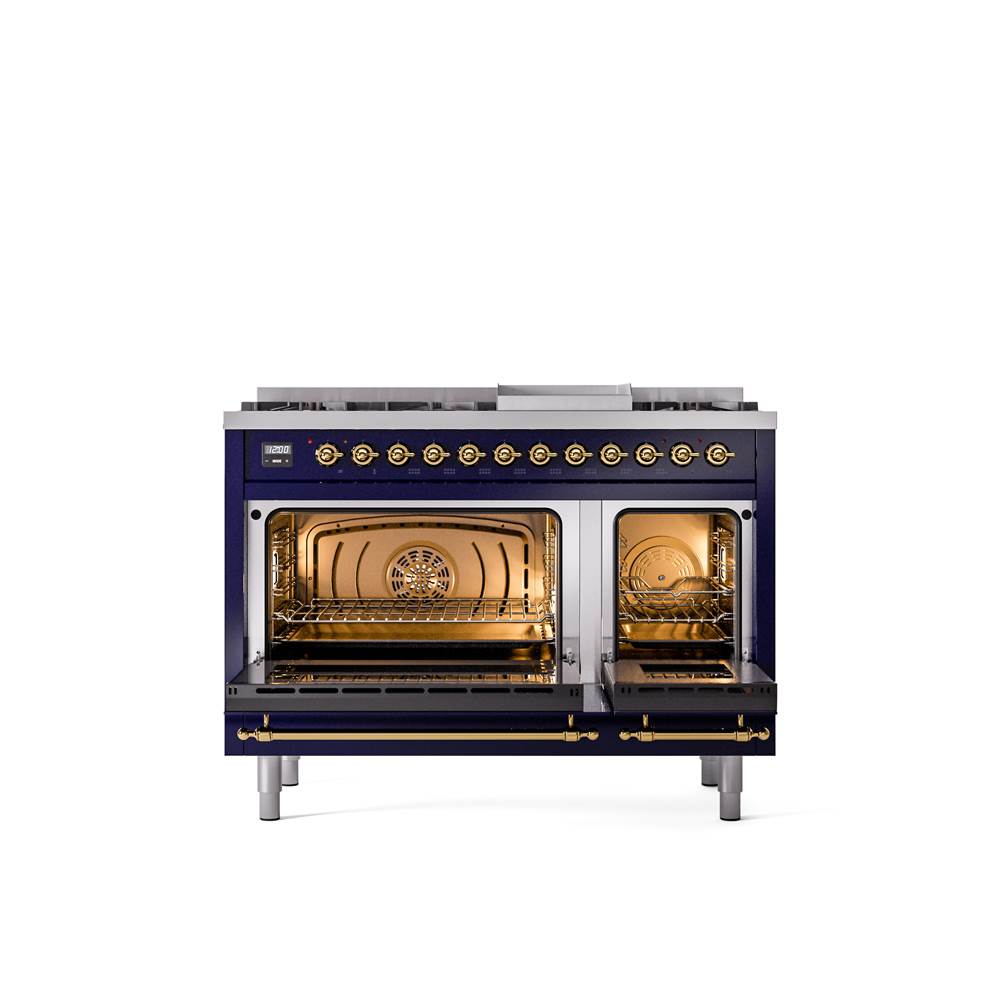 48'' Nostalgie II Series Freestanding Dual Fuel Range - Double Oven - Midnight Blue - Bronze trim - Griddle - Natural Gas