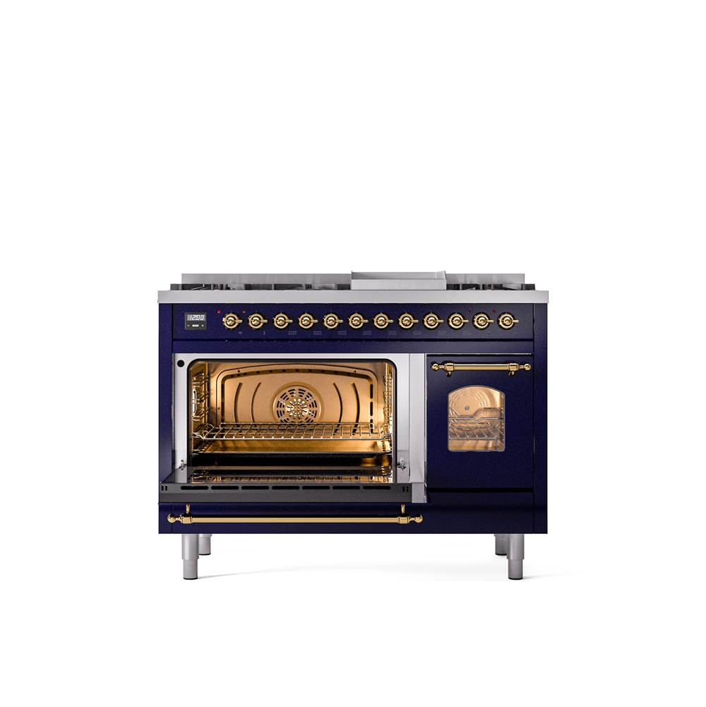 48'' Nostalgie II Series Freestanding Dual Fuel Range - Double Oven - Midnight Blue - Bronze trim - Griddle - Natural Gas