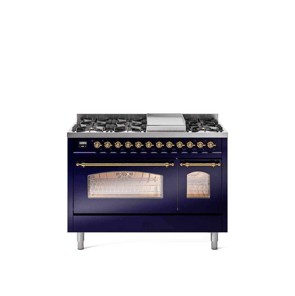 48'' Nostalgie II Series Freestanding Dual Fuel Range - Double Oven - Midnight Blue - Bronze trim - Griddle - Natural Gas
