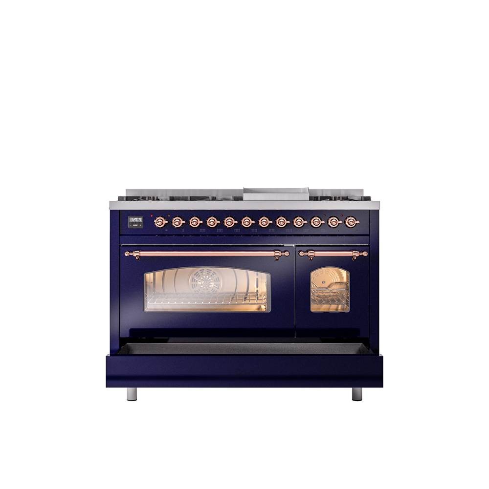 48'' Nostalgie II Series Freestanding Dual Fuel Range - Double Oven - Midnight Blue - Bronze trim - Griddle - Natural Gas