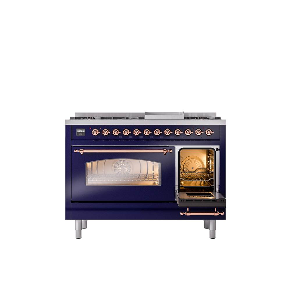48'' Nostalgie II Series Freestanding Dual Fuel Range - Double Oven - Midnight Blue - Bronze trim - Griddle - Natural Gas
