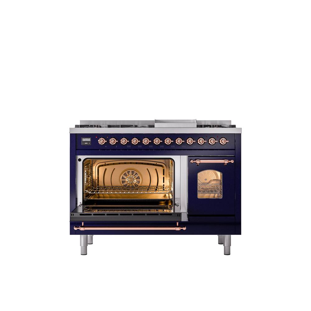 48'' Nostalgie II Series Freestanding Dual Fuel Range - Double Oven - Midnight Blue - Bronze trim - Griddle - Natural Gas