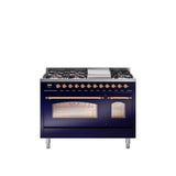 48'' Nostalgie II Series Freestanding Dual Fuel Range - Double Oven - Midnight Blue - Bronze trim - Griddle - Natural Gas